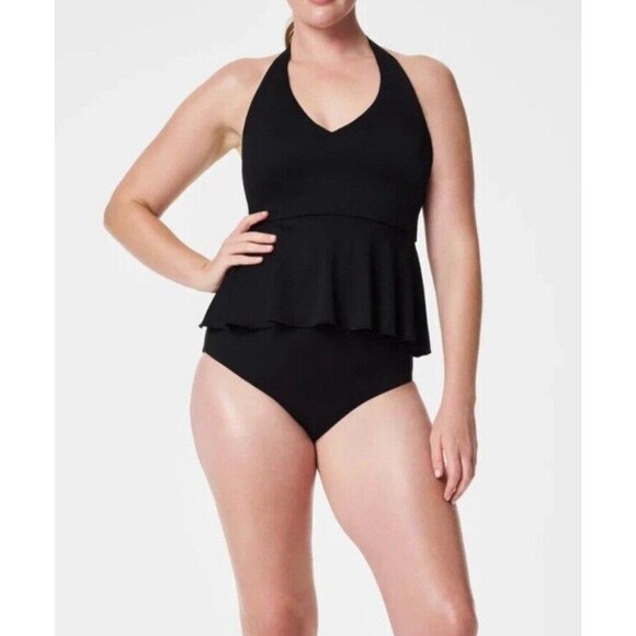 SPANX Other - Spanx Pique Full Bust Halter Swim Tankini Top Womens Large Black Peplum Classic
